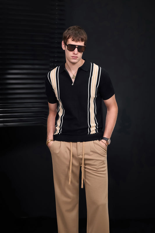 Retro Stripe Zip Knit Polo BLACK/KHAKI