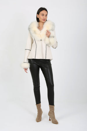 Kashani White Leather Jacket with Fox Fur Collar & Cuffs - Dudes Boutique