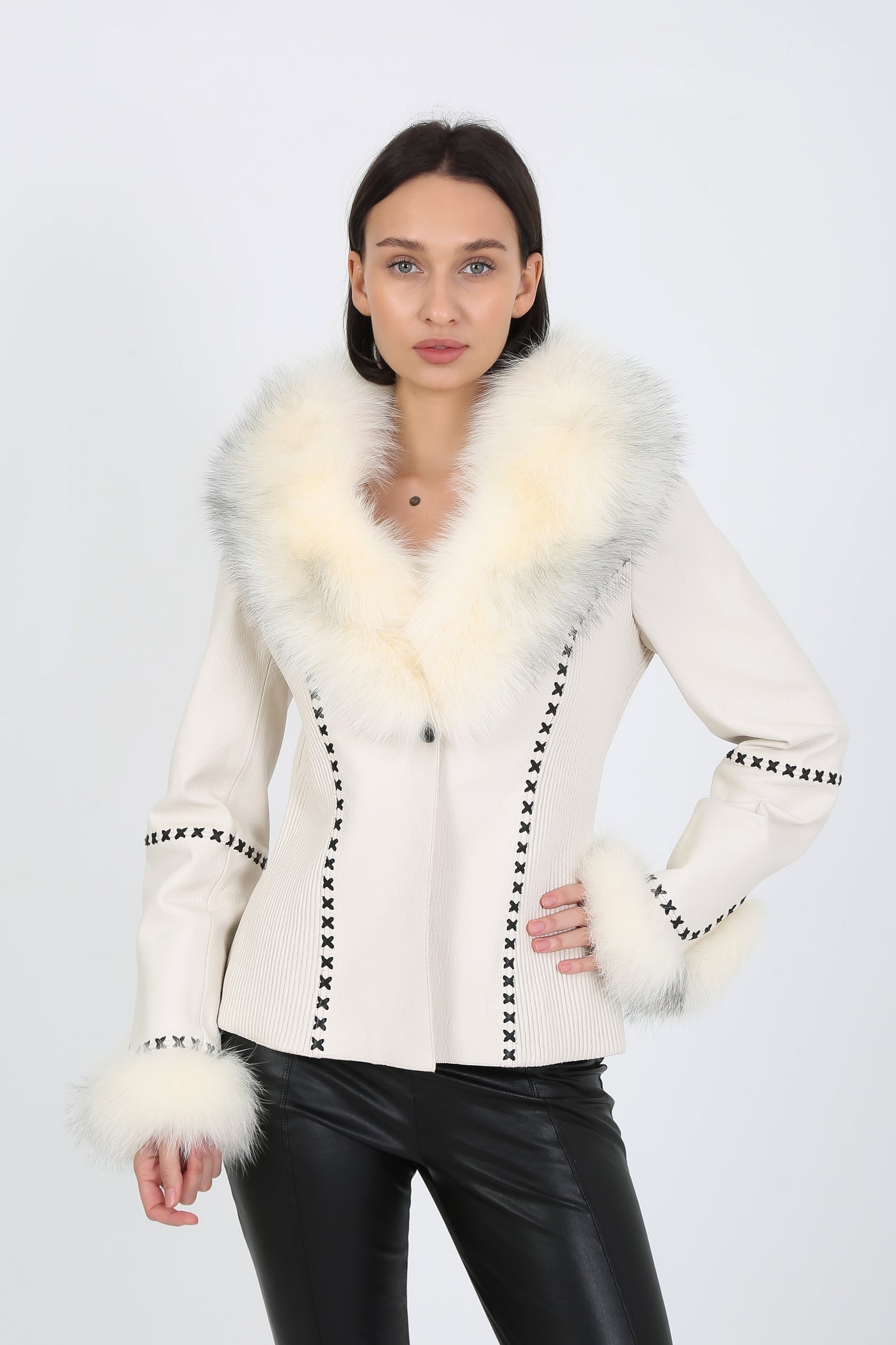 Kashani White Leather Jacket with Fox Fur Collar & Cuffs - Dudes Boutique