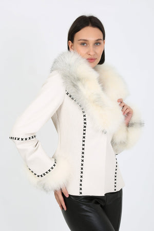 Kashani White Leather Jacket with Fox Fur Collar & Cuffs - Dudes Boutique
