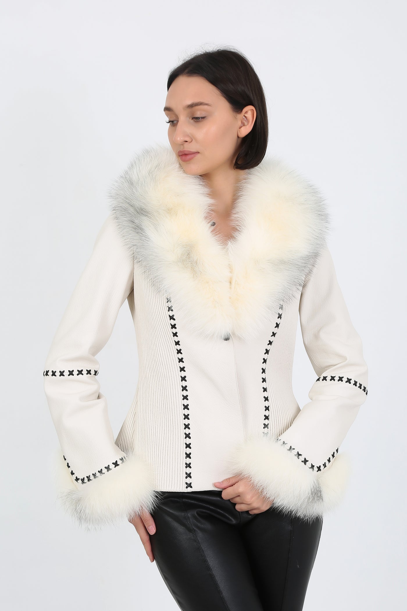 Kashani White Leather Jacket with Fox Fur Collar & Cuffs - Dudes Boutique