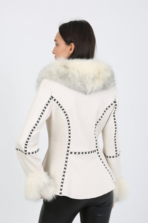 Kashani White Leather Jacket with Fox Fur Collar & Cuffs - Dudes Boutique
