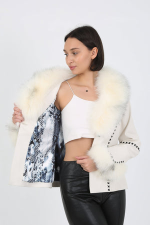 Kashani White Leather Jacket with Fox Fur Collar & Cuffs - Dudes Boutique