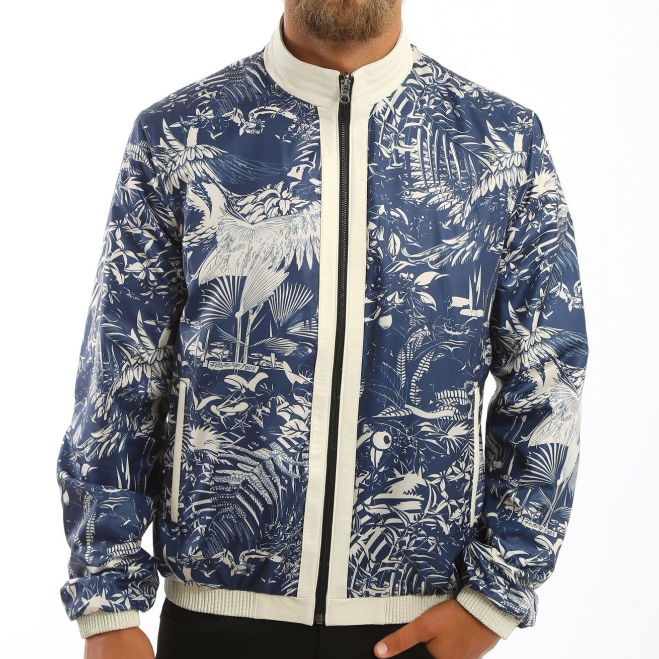 Kashani Men's Reversible Perforated Leather & Printed Bomber Jacket - White & Navy - Dudes Boutique