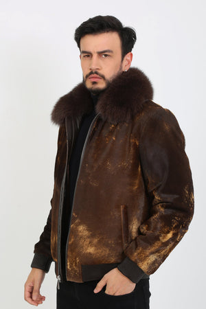 Kashani Brown Cavallino Pony Hair Bomber Jacket with Detachable Fox Fur Collar - Dudes Boutique