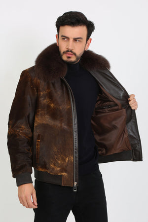 Kashani Brown Cavallino Pony Hair Bomber Jacket with Detachable Fox Fur Collar - Dudes Boutique