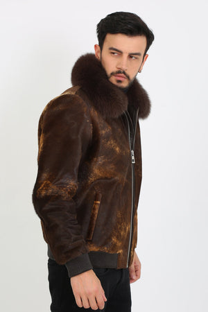 Kashani Brown Cavallino Pony Hair Bomber Jacket with Detachable Fox Fur Collar - Dudes Boutique