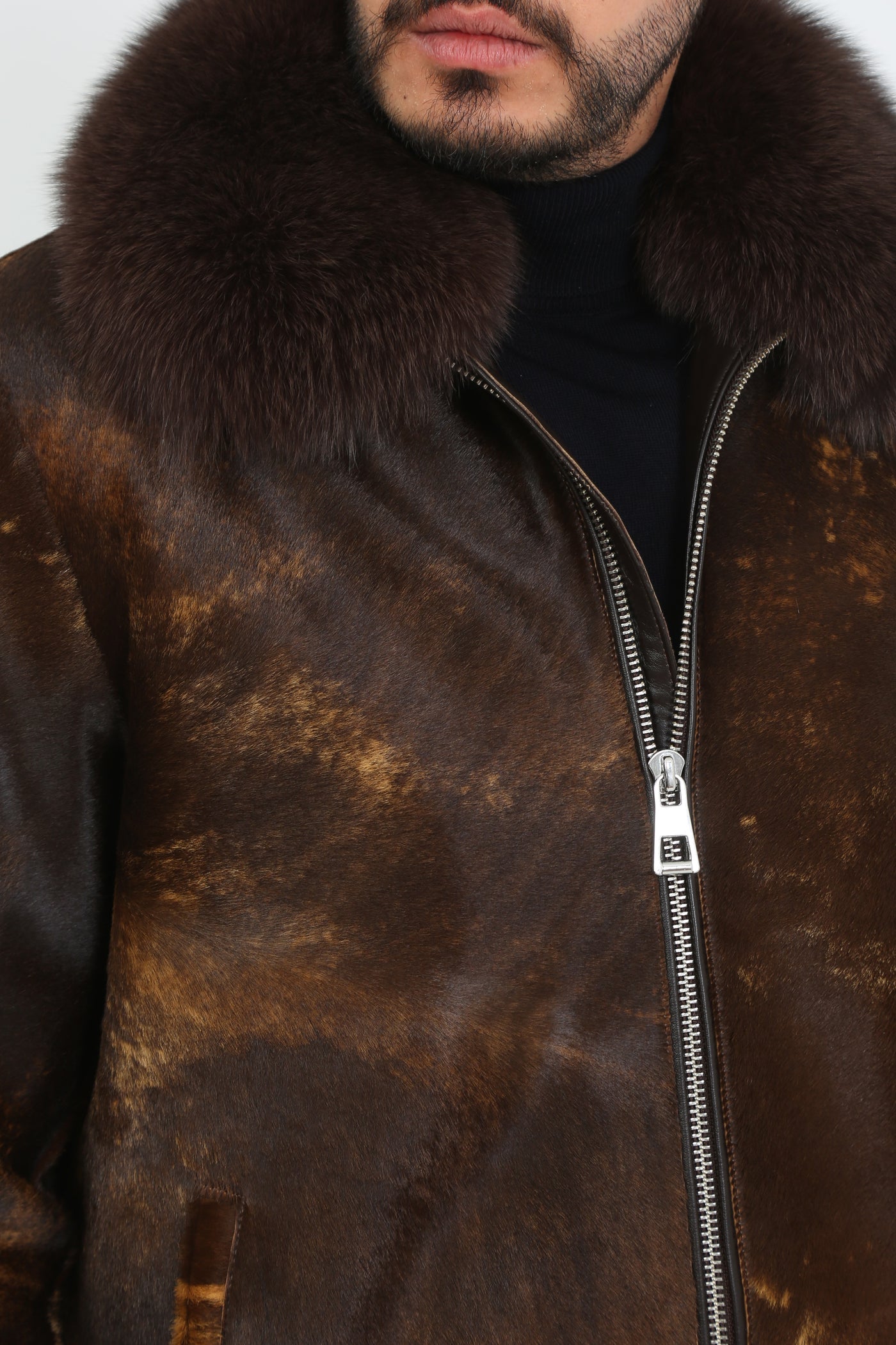 Kashani Brown Cavallino Pony Hair Bomber Jacket with Detachable Fox Fur Collar - Dudes Boutique