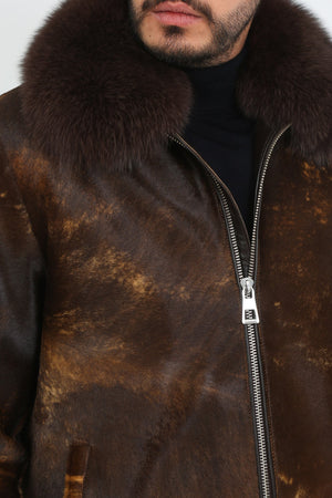 Kashani Brown Cavallino Pony Hair Bomber Jacket with Detachable Fox Fur Collar - Dudes Boutique