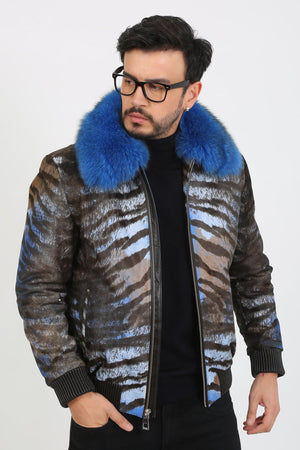 Kashani Royal Blue Pony Hair / Fox Fur Tiger Motif Bomber Jacket - Dudes Boutique