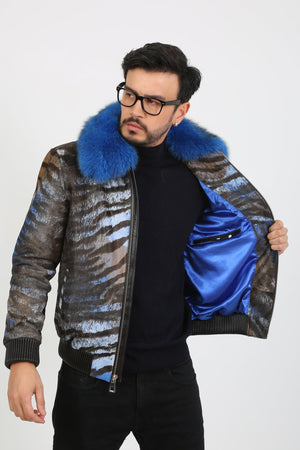 Kashani Royal Blue Pony Hair / Fox Fur Tiger Motif Bomber Jacket - Dudes Boutique