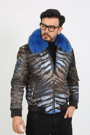 Kashani Royal Blue Pony Hair / Fox Fur Tiger Motif Bomber Jacket - Dudes Boutique