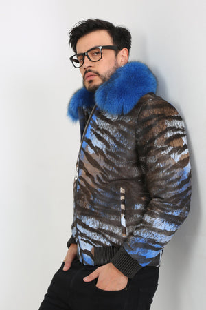 Kashani Royal Blue Pony Hair / Fox Fur Tiger Motif Bomber Jacket - Dudes Boutique