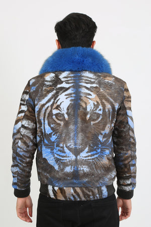 Kashani Royal Blue Pony Hair / Fox Fur Tiger Motif Bomber Jacket - Dudes Boutique