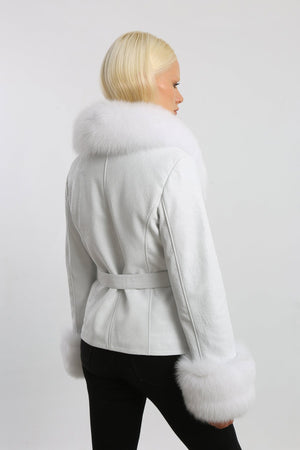 Kashani Women's White Fox Fur & Embossed Leather Belted Jacket - Dudes Boutique