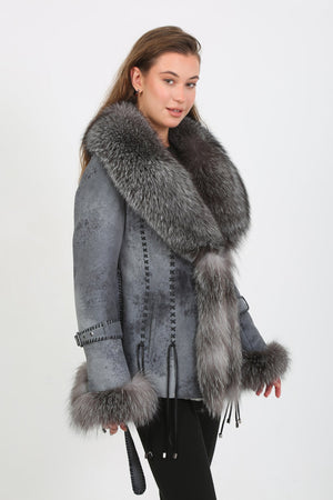 Kashani Grey Distressed Leather Jacket with Fox Fur Collar & Cuffs - Dudes Boutique