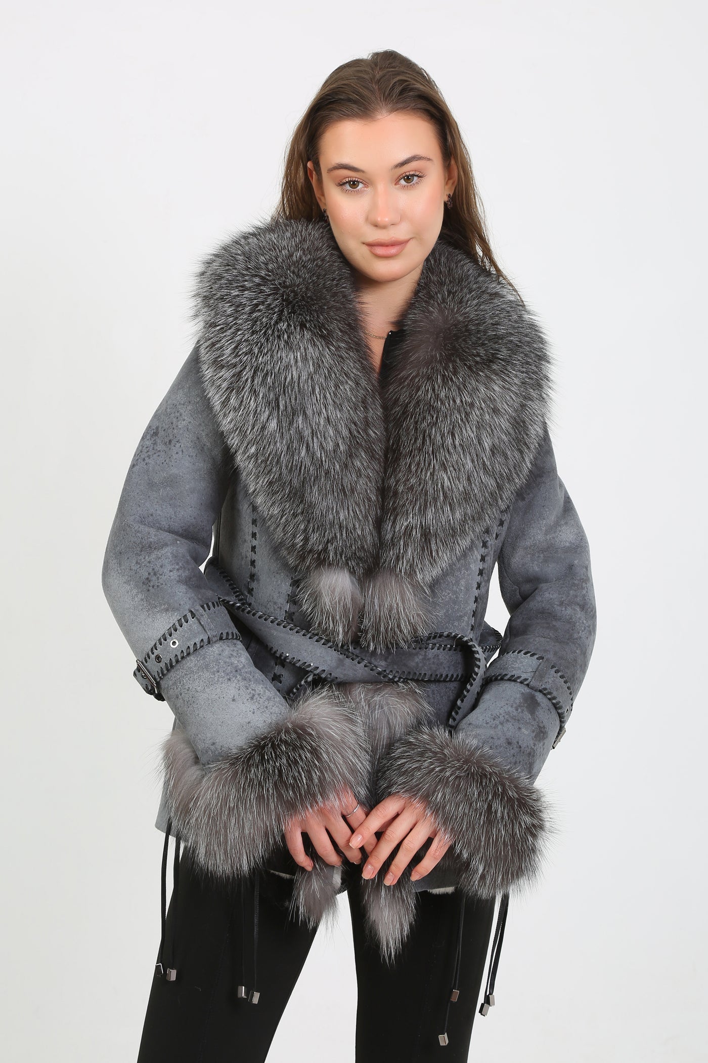 Kashani Grey Distressed Leather Jacket with Fox Fur Collar Cuffs