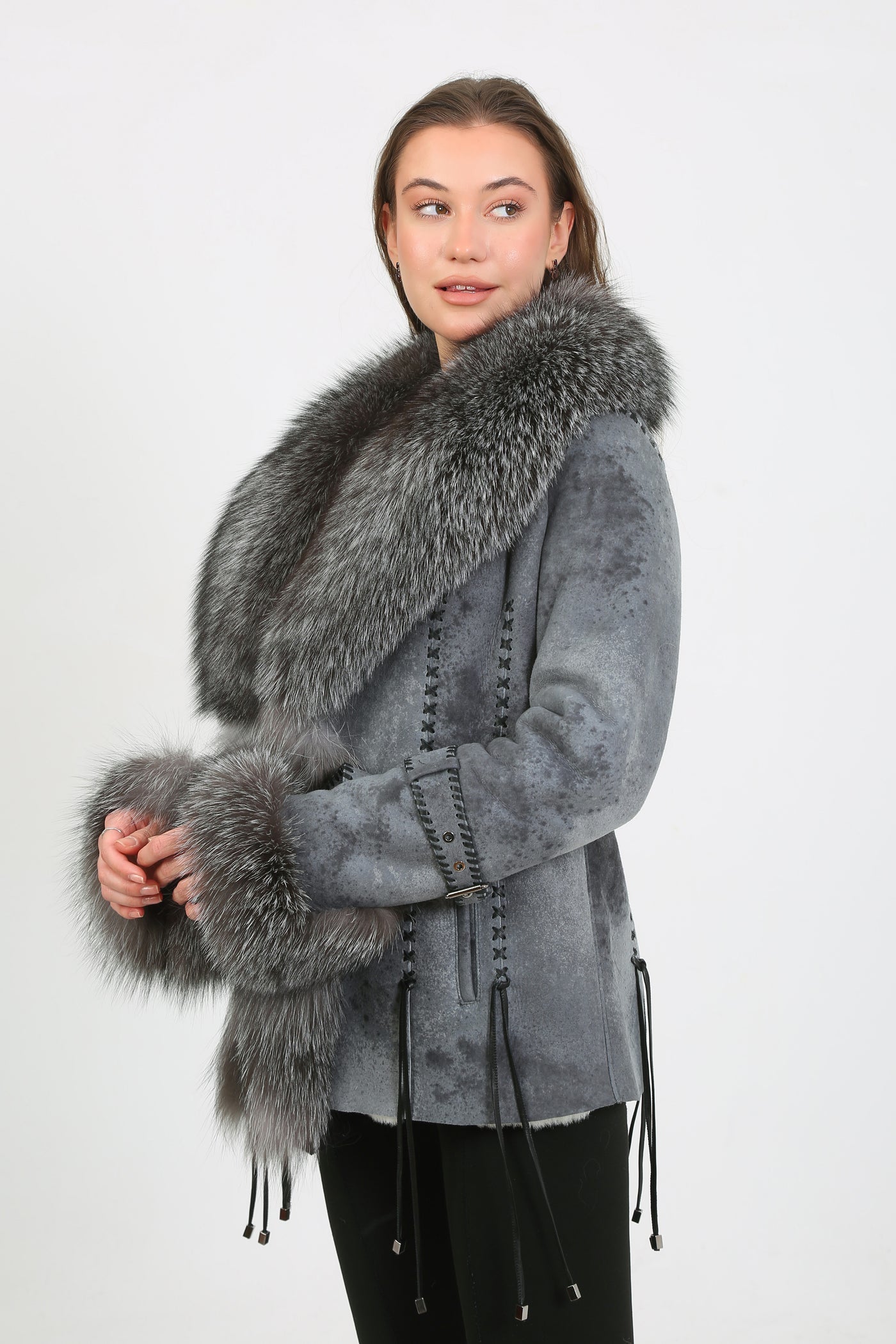 Kashani Grey Distressed Leather Jacket with Fox Fur Collar & Cuffs - Dudes Boutique