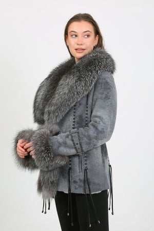 Kashani Grey Distressed Leather Jacket with Fox Fur Collar & Cuffs - Dudes Boutique