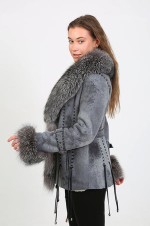 Kashani Grey Distressed Leather Jacket with Fox Fur Collar & Cuffs - Dudes Boutique
