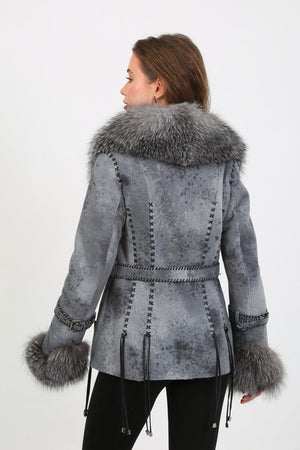 Kashani Grey Distressed Leather Jacket with Fox Fur Collar & Cuffs - Dudes Boutique