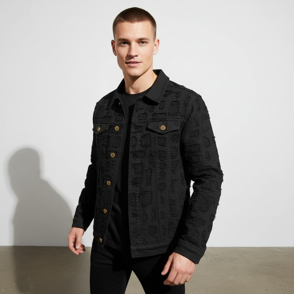 Patchwork Distressed Denim Jacket - CENTURY PENTHOUSE BLACK