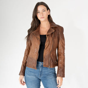 Mauritius Women's Naila RF Leather Jacket, Golden Brown - Dudes Boutique