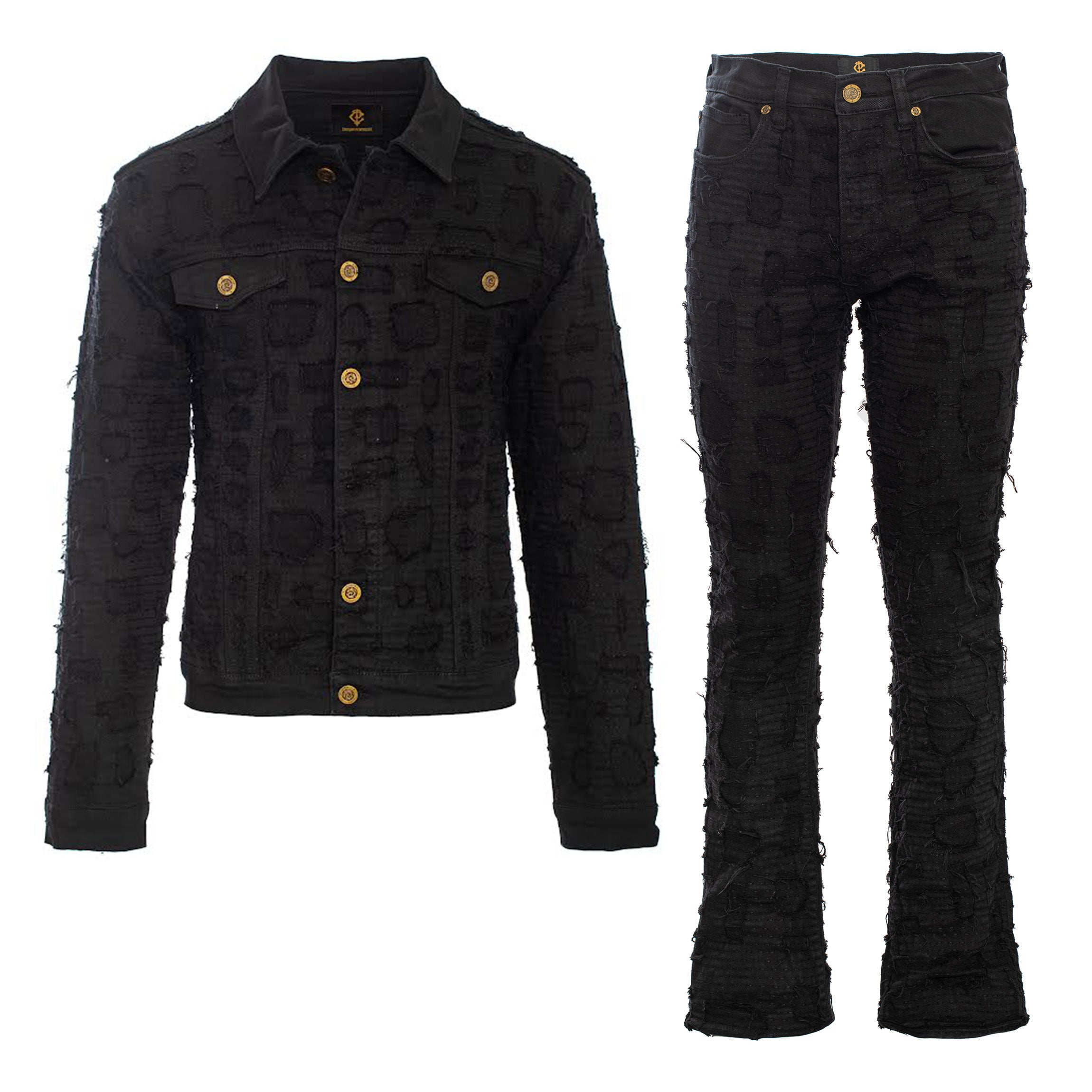 Patchwork Distressed Denim Jacket + Jeans SET - BLACK - Dudes Boutique