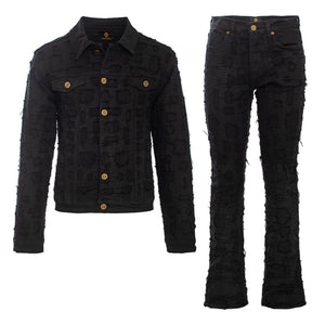 Patchwork Distressed Denim Jacket + Jeans SET - BLACK - Dudes Boutique