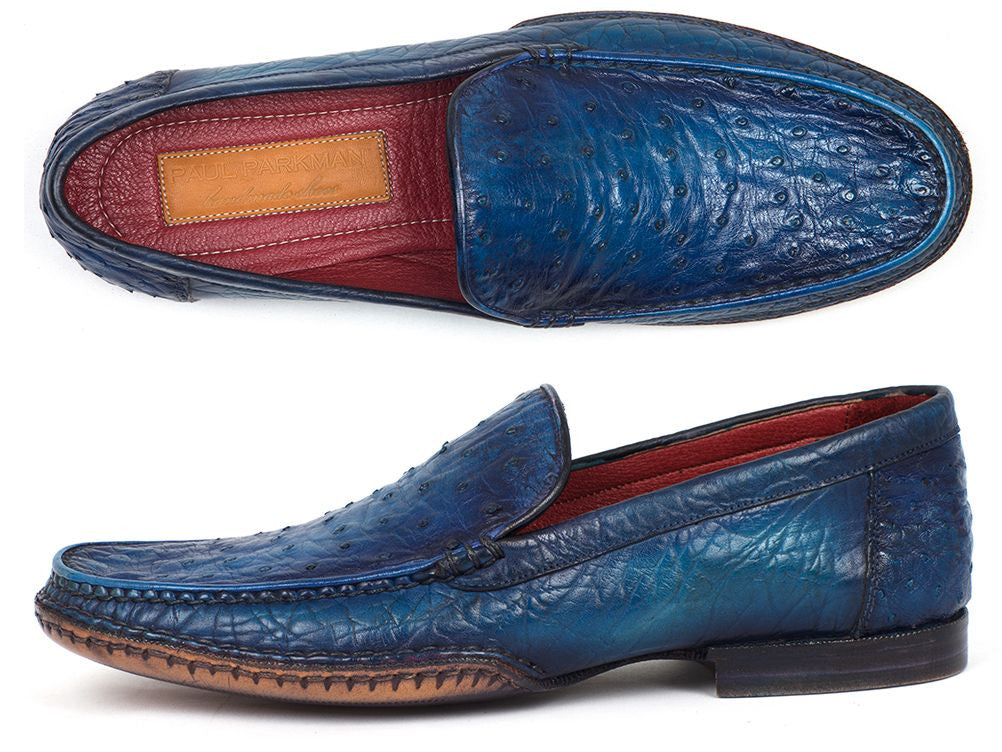 Paul Parkman Men's Blue Genuine Ostrich Opanka Stitched Moccasins