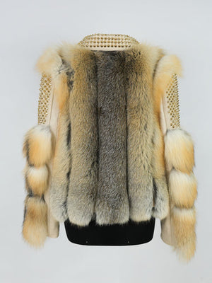 Kashani Ladies Golden Island Fox Fur Studded Biker Jacket - Dudes Boutique