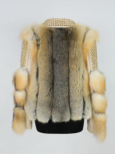 Kashani Ladies Golden Island Fox Fur Studded Biker Jacket - Dudes Boutique