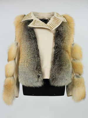 Kashani Ladies Golden Island Fox Fur Studded Biker Jacket - Dudes Boutique