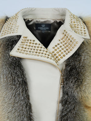 Kashani Ladies Golden Island Fox Fur Studded Biker Jacket - Dudes Boutique