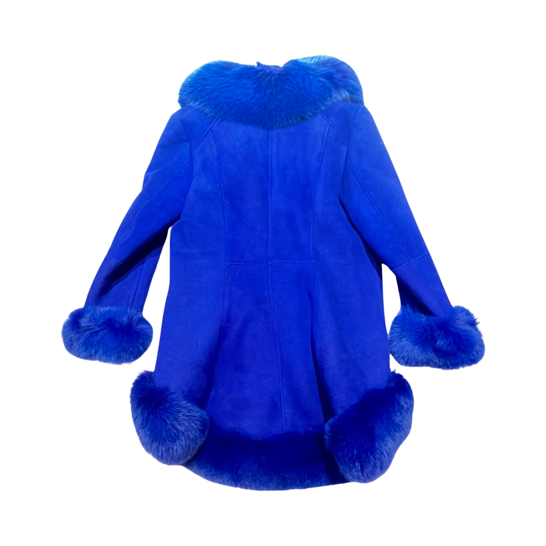 Kashani Ladies Blue Fox Cropped Long Trench Shearling Coat - Dudes Boutique