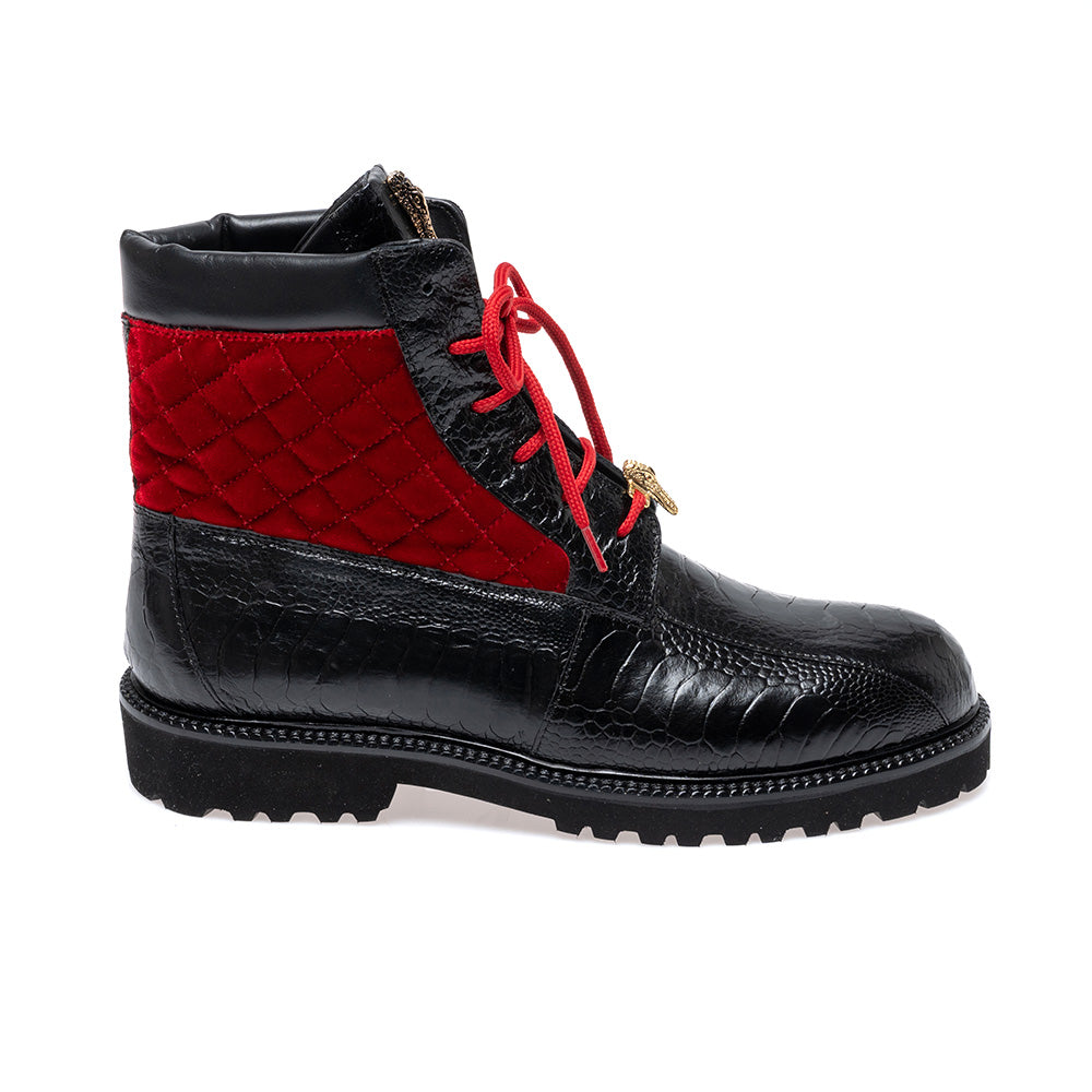 Mauri 4949/3 ostrich leg, quilted velvet and calf leather boots in black and red