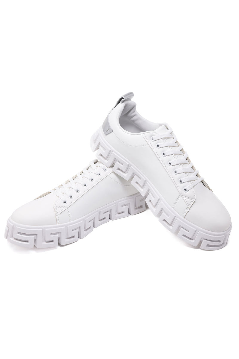 Barabas Men's White Greek Key Sole Low Top Sneakers - Dudes Boutique