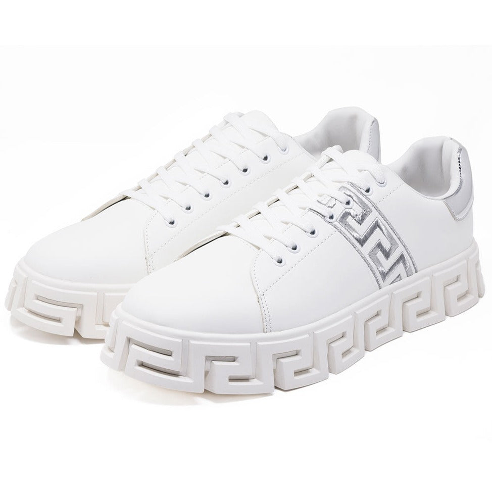 Barabas Men's White/Silver Greek Key Low Top Sneakers - Dudes Boutique