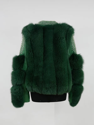 Kashani Ladies Studded Money Green Fox Fur Biker Jacket - Dudes Boutique