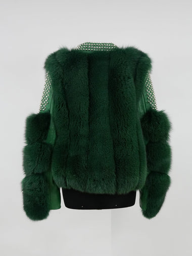 Temer Ladies Studded Money Green Fox Fur Biker Jacket - Dudes Boutique