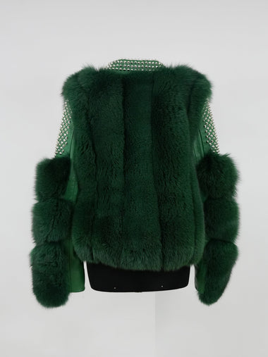 Kashani Ladies Studded Money Green Fox Fur Biker Jacket - Dudes Boutique