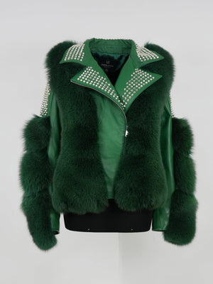 Kashani Ladies Studded Money Green Fox Fur Biker Jacket - Dudes Boutique