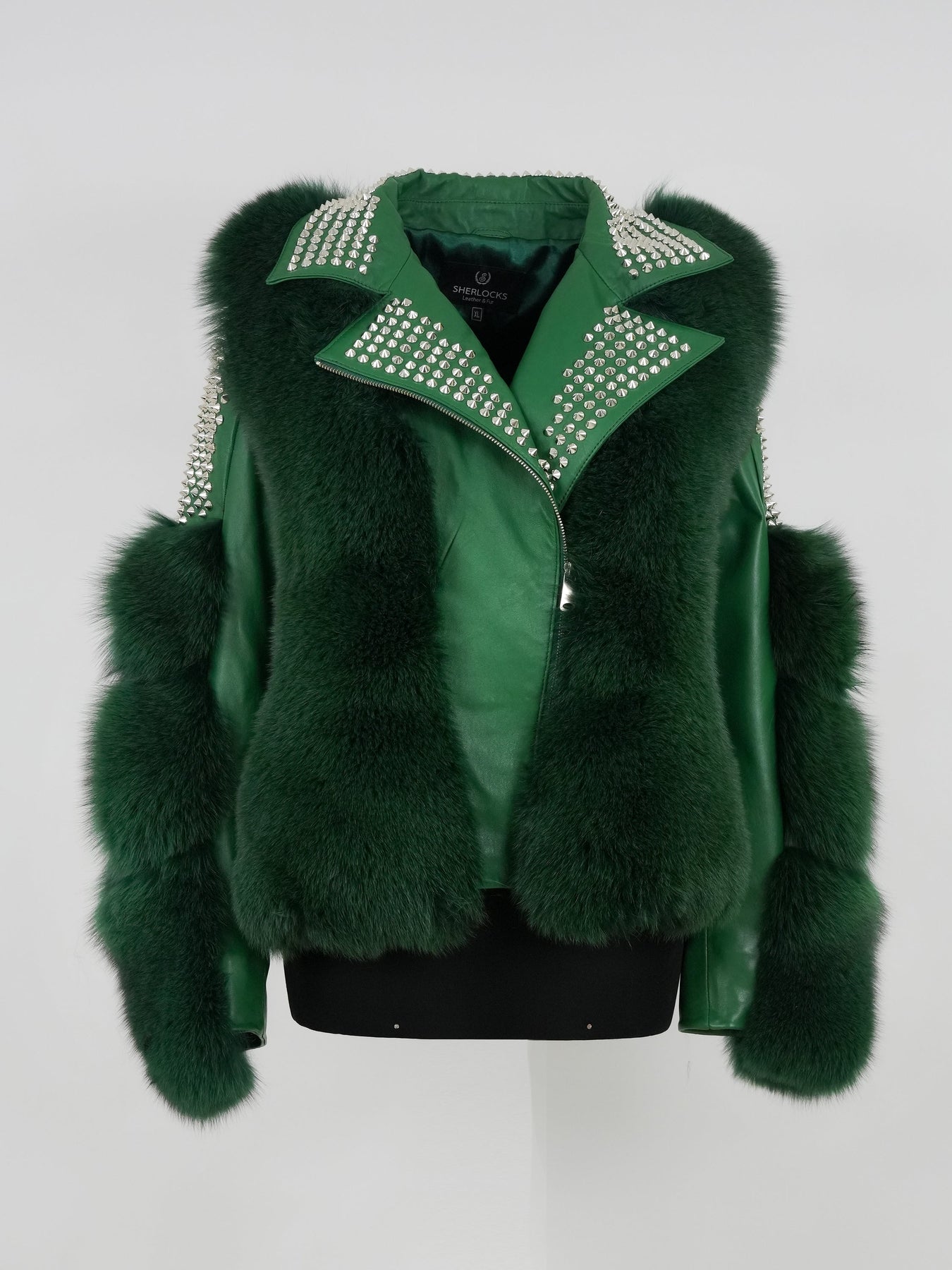 Kashani Ladies Studded Money Green Fox Fur Biker Jacket - Dudes Boutique