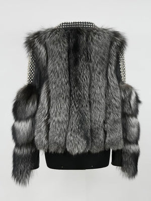 Kashani Ladies Silver Fox Fur Studded Biker Jacket - Dudes Boutique