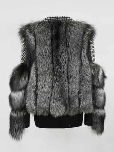 Temer Ladies Silver Fox Fur Studded Biker Jacket - Dudes Boutique