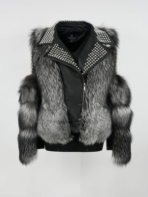 Kashani Ladies Silver Fox Fur Studded Biker Jacket - Dudes Boutique