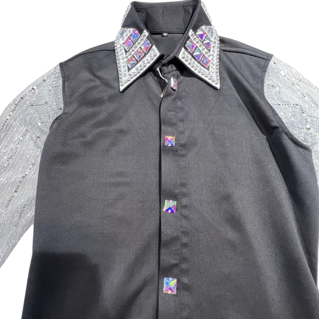 Kashani Black & Silver Royal Hyper Crystal Button-Up Zip Shirt - Dudes Boutique