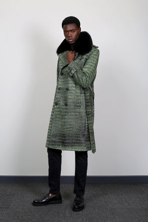 Kashani Green Embossed Alligator Trench Coat with Detachable Fox Fur Collar - Dudes Boutique