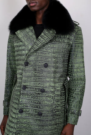 Kashani Green Embossed Alligator Trench Coat with Detachable Fox Fur Collar - Dudes Boutique