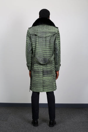 Kashani Green Embossed Alligator Trench Coat with Detachable Fox Fur Collar - Dudes Boutique